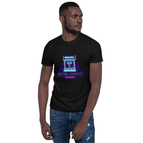 Man wearing Retro Gaymers Never Die T-Shirt with arcade design, perfect LGBT gamer gift.