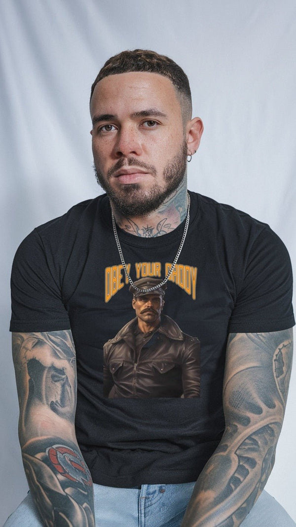 Gay pride apparel, featuring a man in a black shirt with leather daddy graphic.