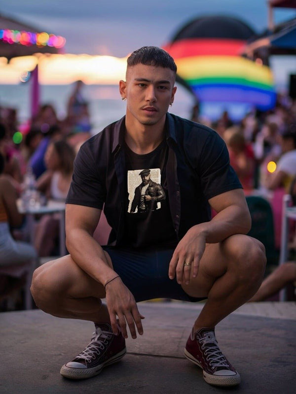 Model wearing Retro Vintage Gay dom daddy Shirt of Leather Daddy Gay LGBTQ Pride Leather Daddy Gay Pride at a colorful event.