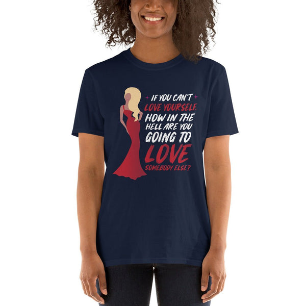 Blue t-shirt featuring Ru Paul Love Yourself Quote design, perfect gay pride apparel.