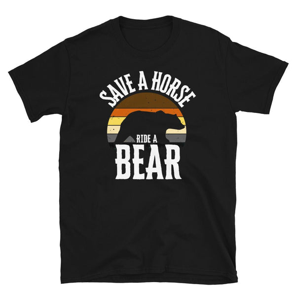 Funny LGBTQ Rainbow Gay Daddy Bear Pride shirt with bear graphic on black fabric.