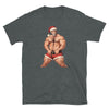 Muscular man in Santa hat and shorts on gay shirt design, perfect gay gift.