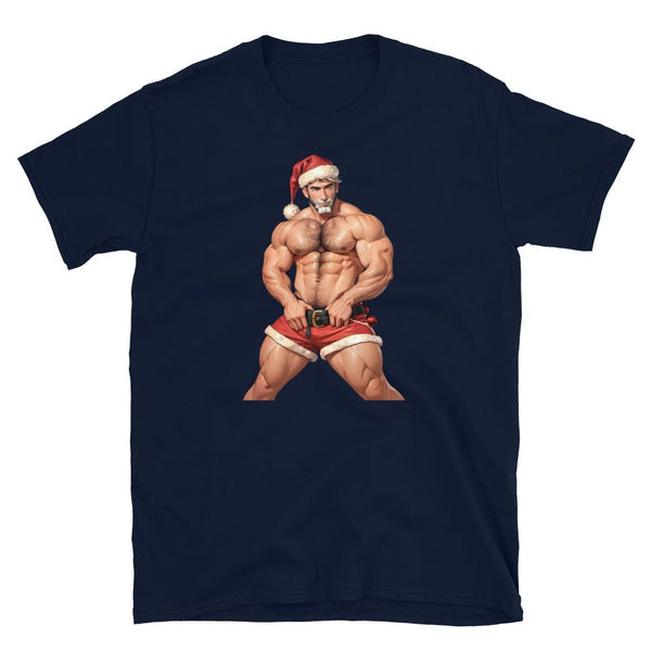 Muscular man in sexy Santa outfit on navy gay shirt, part of LGBT clothing.
