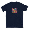 Unisex rainbow shirt featuring colorful text: 'Shade Never Made Anybody Less Gay' for pride events.