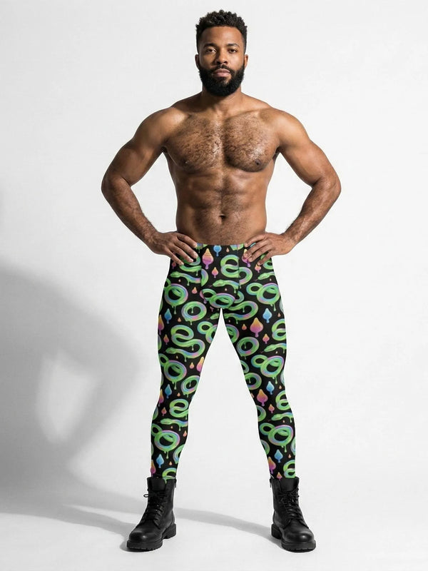 Sssssir! Men’s Leggings – Latex Snake Meggings, Fetish Rave Pants, Holographic Clubwear on a model, featuring vibrant graphics.