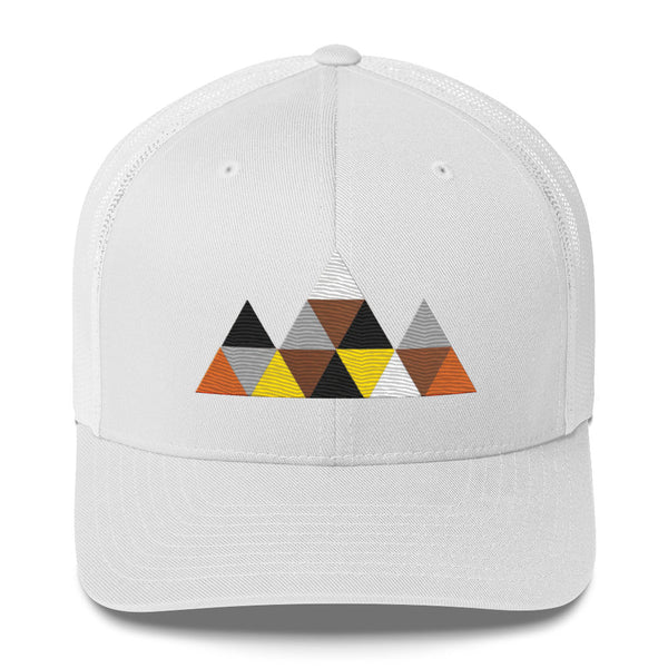 Subtle Gay Bear Pride Trucker Hat | Bear Brotherhood Triangles Cap, featuring colorful triangle design, perfect for pride apparel.