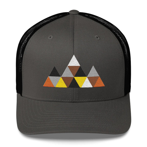 Subtle Gay Bear Pride Trucker Hat with triangle graphic design, classic cap for pride events.