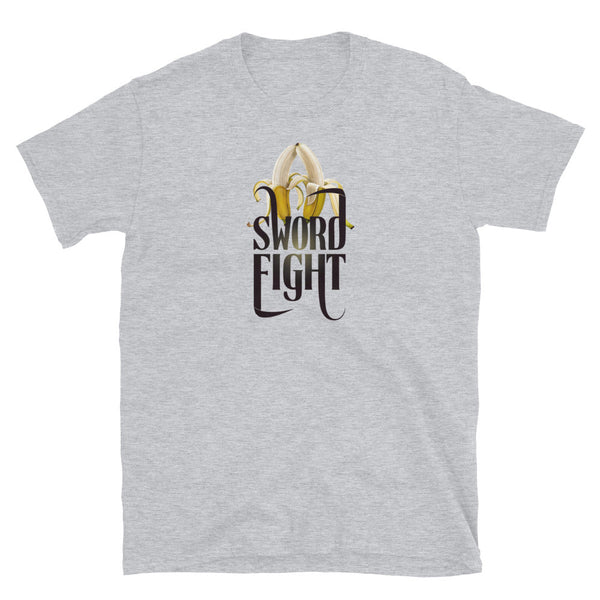 Funny gay shirt featuring 'Sword Fight' and banana graphic on Sport Grey tee.