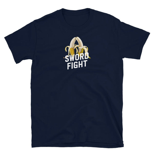 Navy blue gay pride shirt featuring 'Sword Fight' banana graphic.