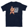 Navy gay shirt featuring a muscular man in a Santa hat and festive design.