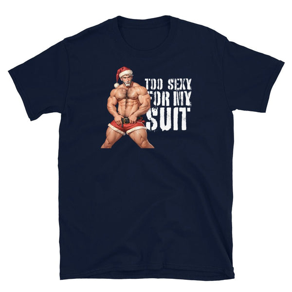 Navy gay shirt featuring a muscular man in a Santa hat and festive design.