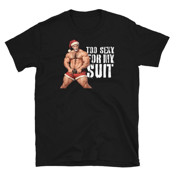 Black gay shirt with Santa-themed graphic, featuring a muscular man, ideal gay gift.