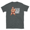 Funny gay shirt featuring a muscular man in a Santa hat and festive shorts.