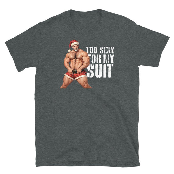 Funny gay shirt featuring a muscular man in a Santa hat and festive shorts.