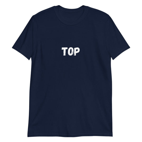 Navy t-shirt with the word 'TOP' for gay pride apparel, a stylish gay shirt.