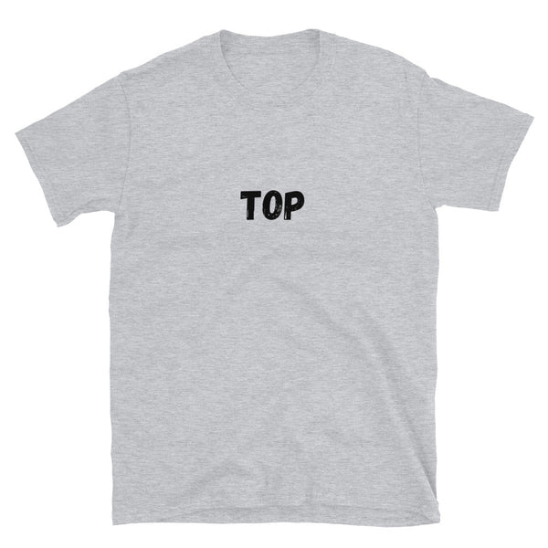 Sport grey t-shirt featuring the word 'TOP' in bold black, ideal gay pride apparel.
