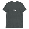 Dark grey pride shirt featuring the word 'TOP' in white letters.