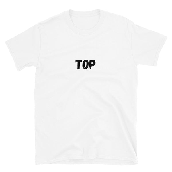 White t-shirt featuring the word 'TOP', a playful gay pride apparel.