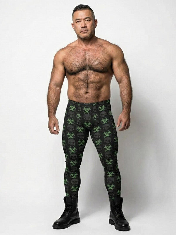 Man wearing Toxic Reaper Men’s Leggings with radioactive skull design, black and green colors.