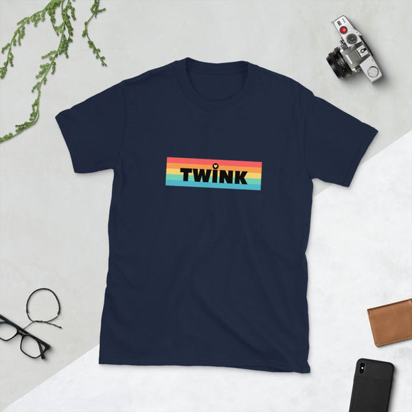 Twink Pride Flag Shirt LGBTQ+ Pride Gay Ally Adult Tee pride parade shirts lgbt tshirt gay t-shirt Dad Twink Bear Pride on navy background.