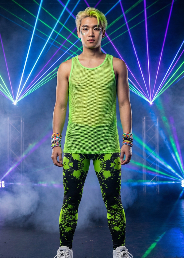 Person wearing a bright green outfit with colorful laser lights in the background