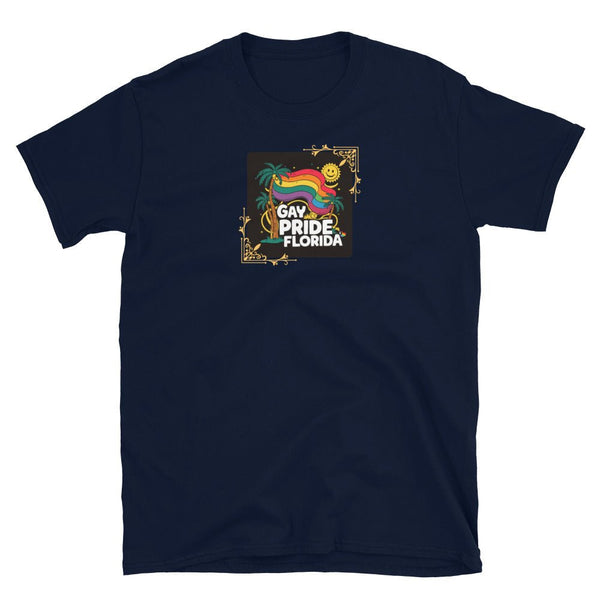 Navy blue gay shirt featuring vibrant Gay Pride Florida design with palm trees.