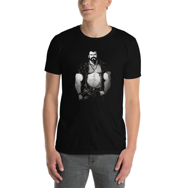 Model wearing Vintage Muscle Bear T-shirt with bear graphic, black color, gay pride apparel.