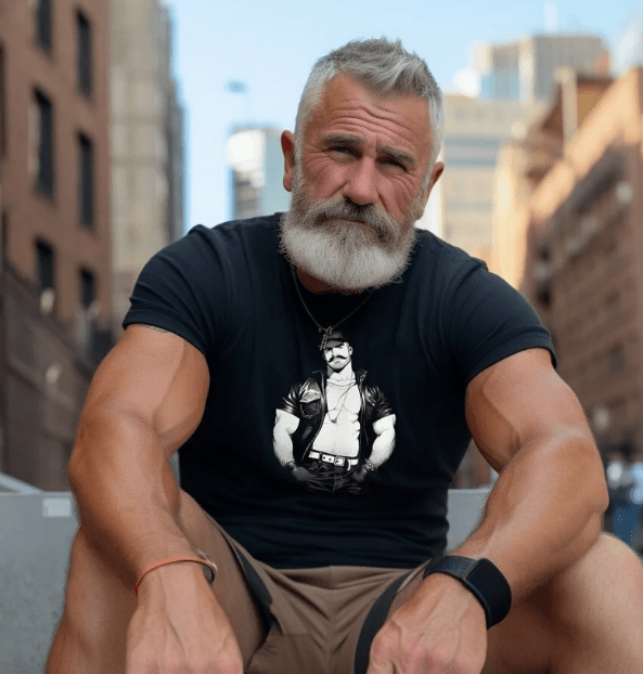 Man wearing Vintage Muscle Leather Bear T-shirt in urban setting, showcasing pride apparel.