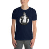 Vintage Muscle Leather Bear T-shirt worn by a man in a navy blue shirt.