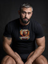 Model wearing Woof! Gay Hairy Daddy Bear T-Shirt, showcasing gay pride design.