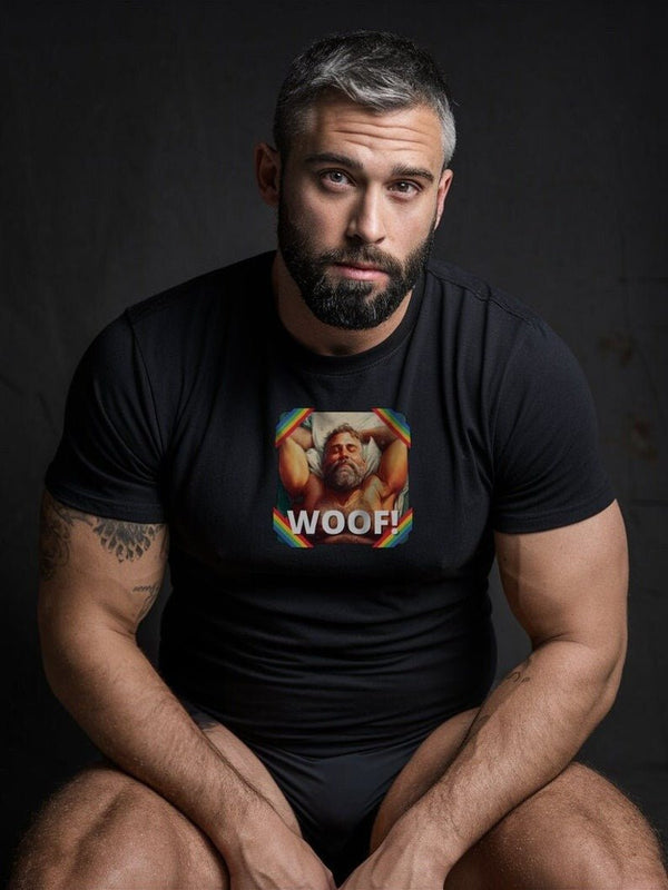 Model wearing Woof! Gay Hairy Daddy Bear T-Shirt, showcasing gay pride design.