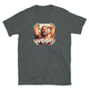 Grey gay shirt featuring a bear graphic and "WOOF!" text design.