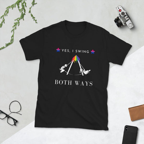 Black t-shirt with "YES, I SWING BOTH WAYS" design, featuring a rainbow swing theme.