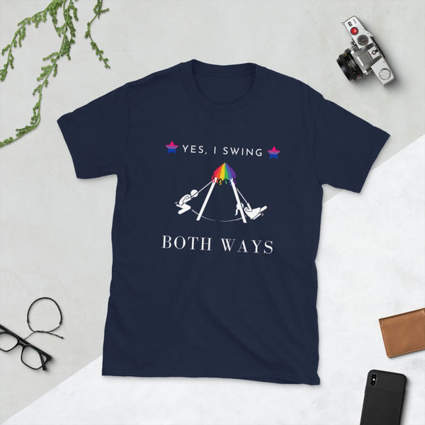 Dark navy shirt with rainbow design and text: Yes, I Swing Both Ways.
