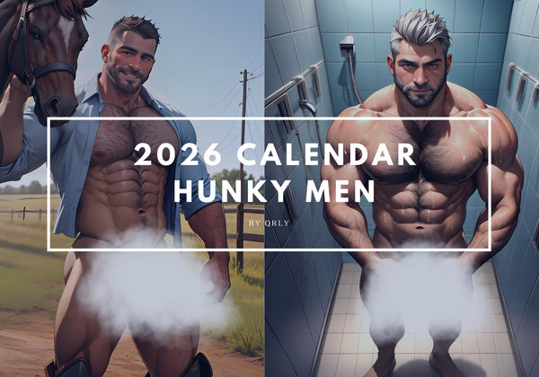 2026 Fantasy Hunks DILFs Naked Calendar featuring muscular men in various settings.