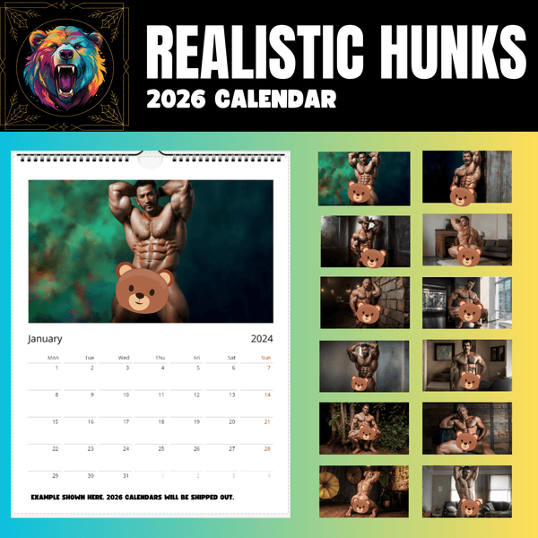 2026 Gay Calendar Gift featuring realistic daddy bear muscle art, sexy hunk visuals.