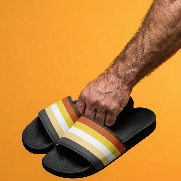 Gay Bear Pride Slippers featuring bright stripes, perfect gay gift for summer activities.