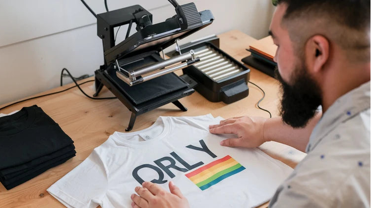 Man using a heat press machine to make a Qrly Merch T-shirt with a rainbow pride logo.
