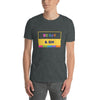 Model wearing Be Gay & Sin T-Shirt with colorful pride design, a humorous addition to LGBTQ+ apparel.