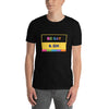 Black t-shirt featuring colorful "BE GAY & SIN" design, LGBTQ+ pride apparel.