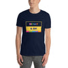Model wearing Be Gay & Sin T-Shirt for LGBTQ+ Pride design with colorful accents.