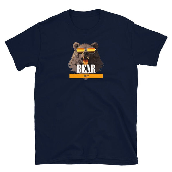 Navy blue gay shirt featuring a bear graphic with sunglasses and the text 'BEAR BAIT'. LGBTQ pride apparel.