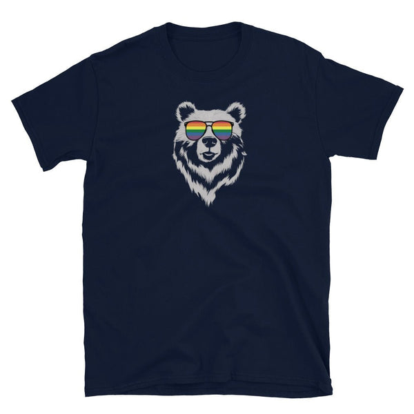 Bear Gay Rainbow Shirt featuring a bear wearing rainbow sunglasses on a navy shirt.