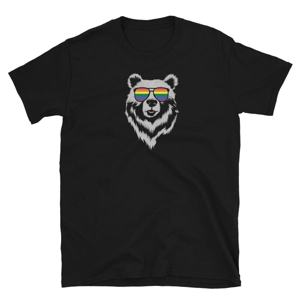 Bear Gay Rainbow Shirt featuring bear in sunglasses on black cotton tee.