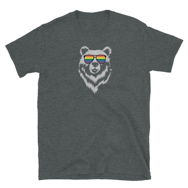 Bear Gay Rainbow Shirt featuring a bear in rainbow sunglasses on a dark grey tee.