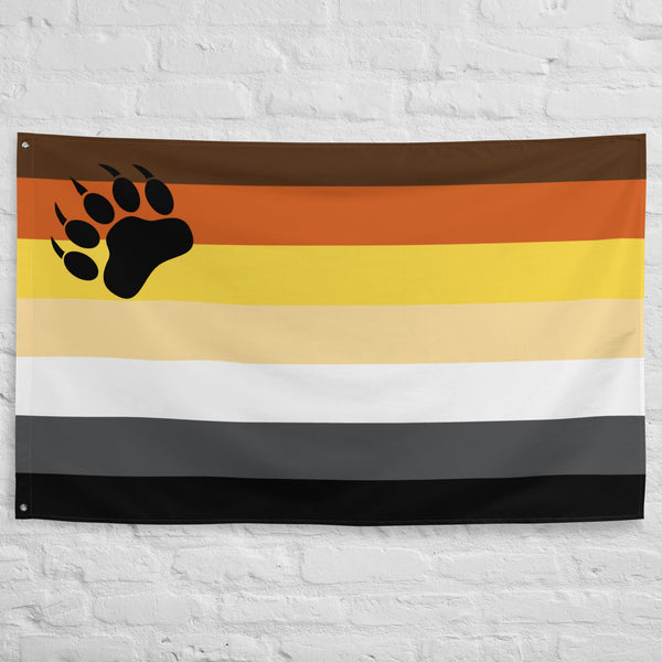 Bear Pride Flag featuring horizontal stripes and bear paw design, LGBTQ pride decor.