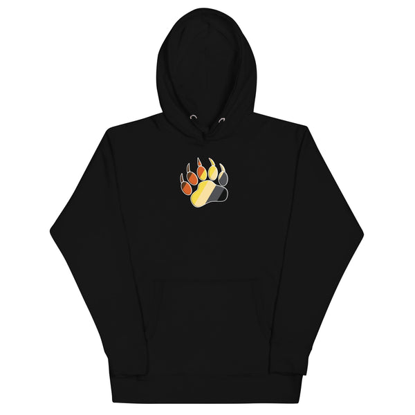 Bear pride Hoodie with colorful bear paw print design on black fabric.