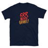 Navy t-shirt with fun dog-themed text: GRR WOOF GROWL!