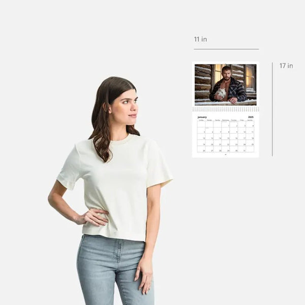 Woman modeling a fitted shirt next to Beefcakes & Bunnies 2026 Calendar design.