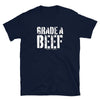 Navy blue t-shirt featuring the words 'GRADE A BEEF', a gay pride shirt design.